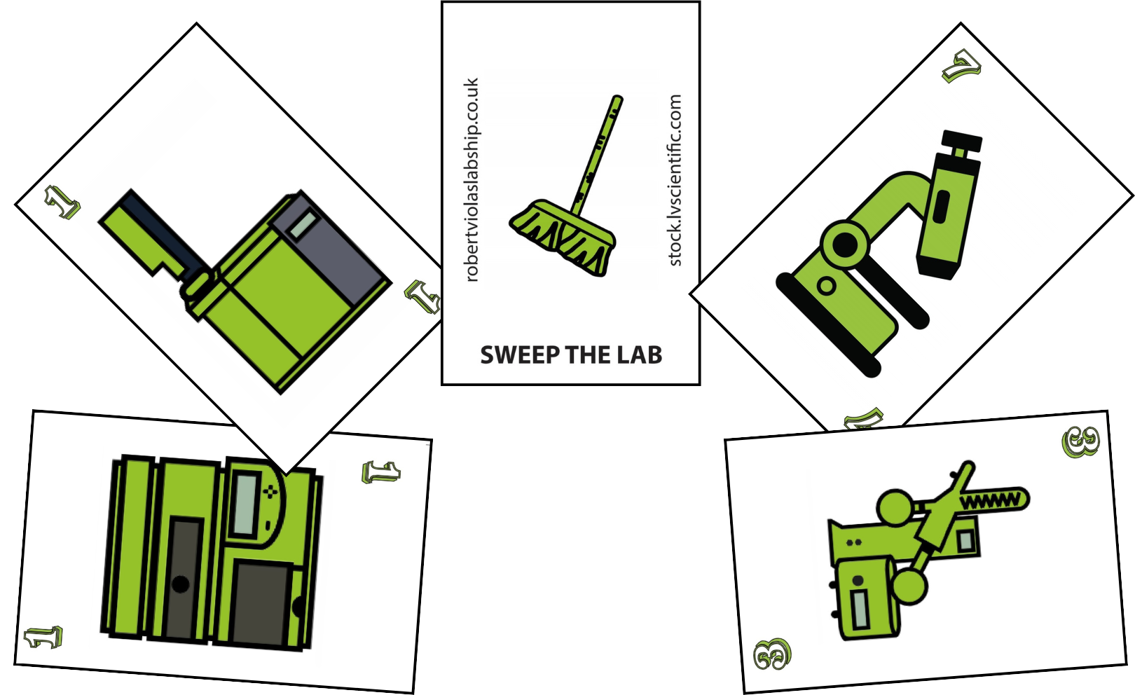 Sweep the Lab card game – illustrated laboratory equipment cards numbered 1, 3 and 7