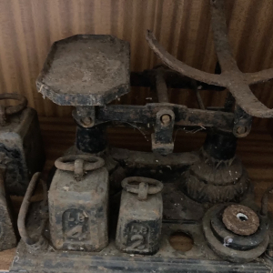 Antique cast-iron laboratory balances – vintage scientific props