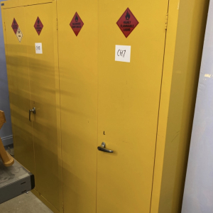 Yellow flammables storage cabinet – laboratory set dressing