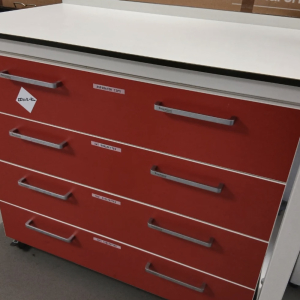 Red laboratory drawer unit – lab furniture prop