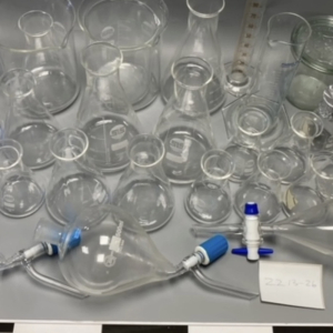 Assorted laboratory glassware – beakers and flasks for film props
