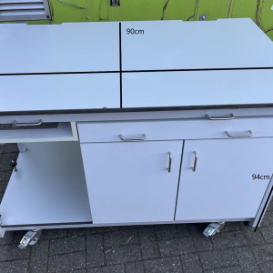 White mobile laboratory cabinet with cupboards – lab furniture prop