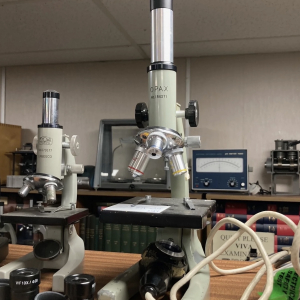 Collection of vintage microscopes – retro scientific props